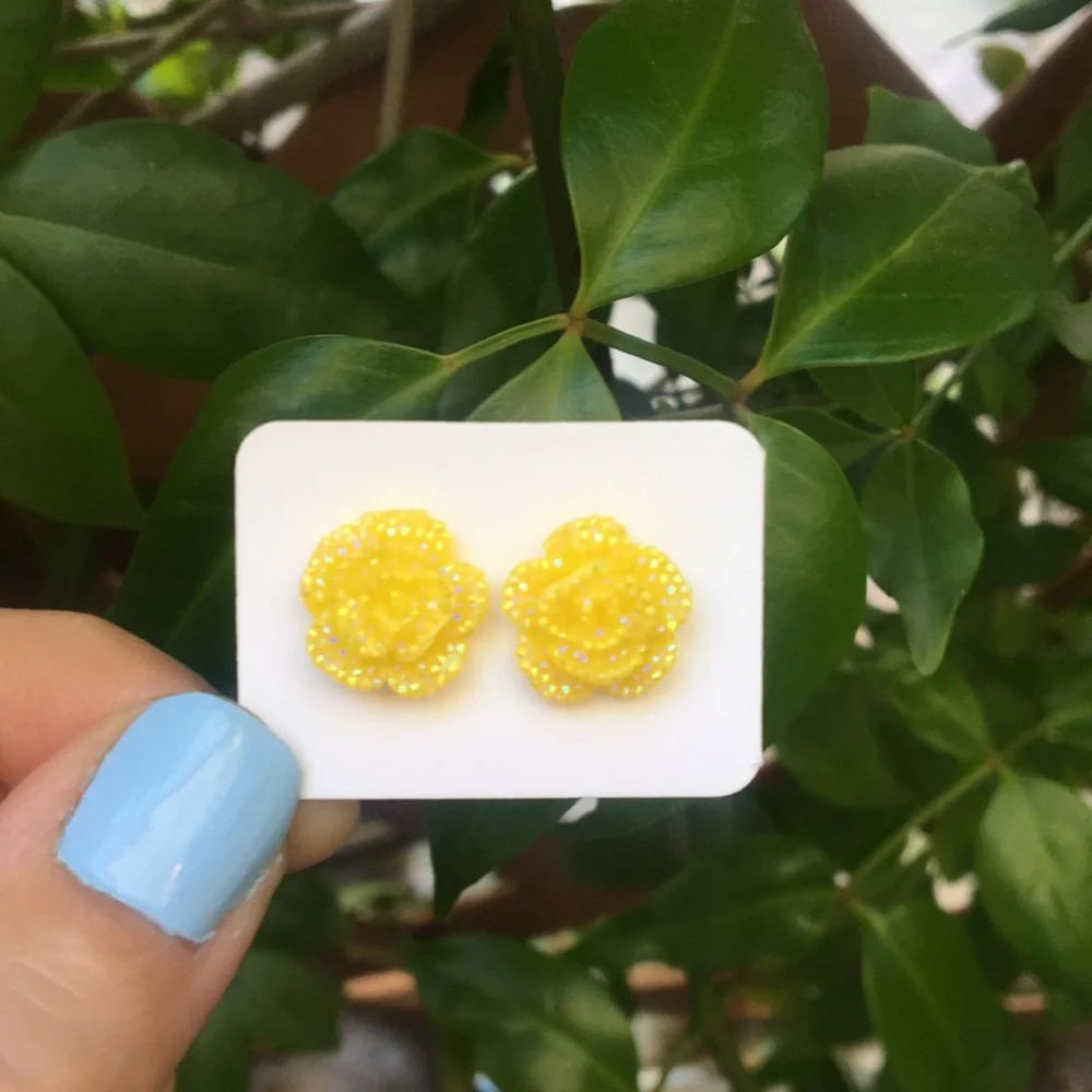 Iridescent Yellow Rose Flower Stud Earrings